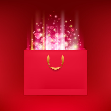 Blank red paper bag with hearts and glow. Valentines day greeting card template. Red bag with golden handles.のイラスト素材
