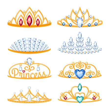Set of beautyful golden tiaras with gemstones. Cartoon style. Jewelry collection.のイラスト素材