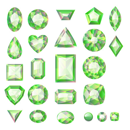 Set of realistic green jewels. Colorful gemstones. Green emeralds isolated on white background.のイラスト素材