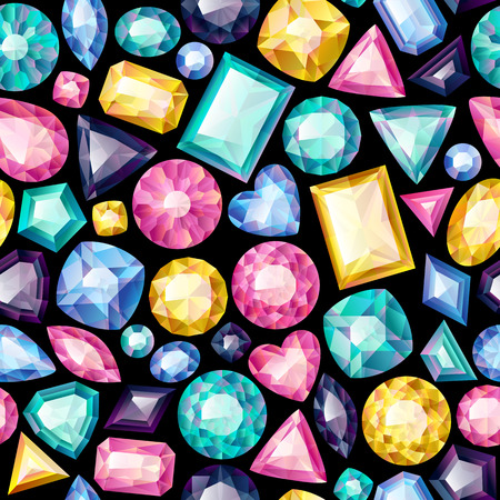 Seamless colorful gemstones background on black. Jewels pattern.のイラスト素材