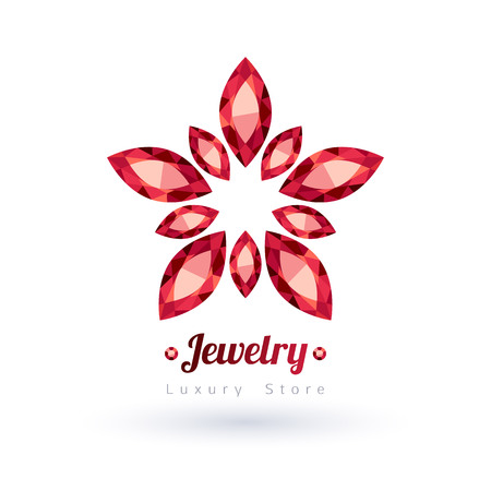 Red gemstones jewelry symbol. Star or flower shape. Rubies on white background.のイラスト素材