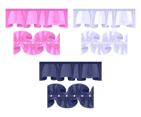Set or frill ribbons borders. Colorful ruffles vector brushes - pink, black, white. Fashion elements.のイラスト素材