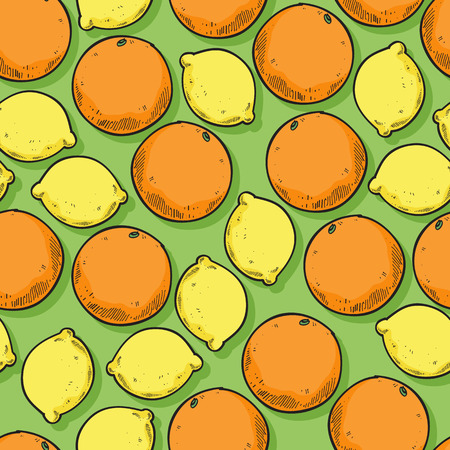 Oranges and lemons seamless pattern. Ripe fruits background. Sketch hand drawn style.のイラスト素材