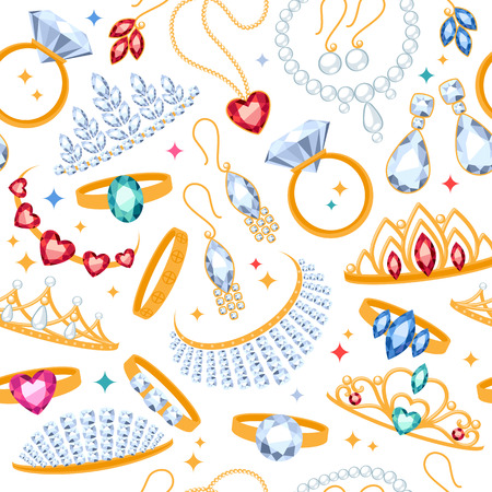Jewelry items seamless white background. Pattern with rings, earrings, pearl beads and gemstones.のイラスト素材