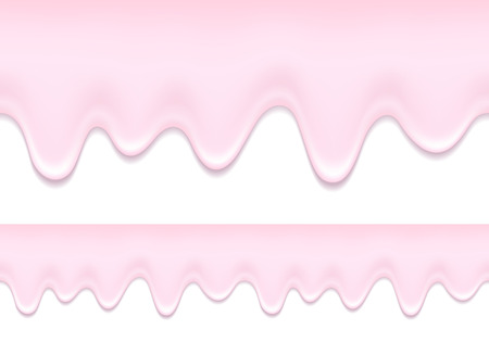 Yogurt drips. Strawberry milk product flowing - white background. Seamless horizontal border.のイラスト素材