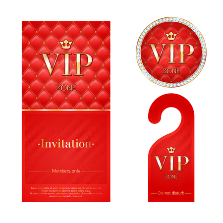 VIP zone members premium invitation card, warning hanger and round label badge. Red and golden design template set. Quilted dexture, diamonds and metal.のイラスト素材