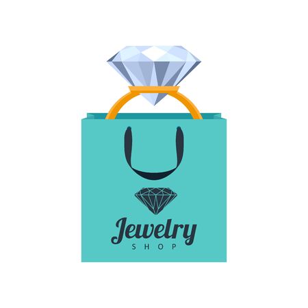 Golden ring with diamond in turquoise gift bag illustration. Jewelry shop icon template.のイラスト素材