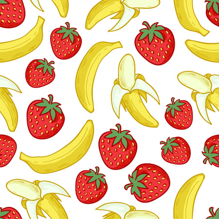 Strawberries  and bananas seamless pattern. Ripe berries and fruits background. Sketch hand drawn style.のイラスト素材