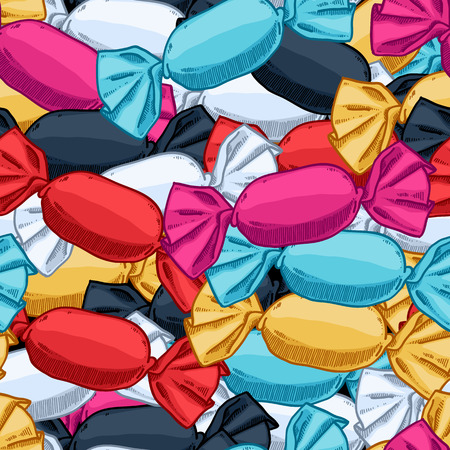 Colorful sweet candies seamless pattern. Hand drawn sketch background, bright texture.のイラスト素材