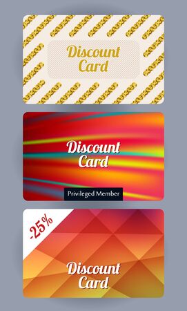 Set of discount gift cards. Different styles - simple, elegant, colorful backgrounds.のイラスト素材