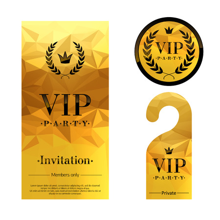 VIP party premium invitation card, warning hanger and round label badge. Golden faceted mosaic design template set. Laurel wreath and crown.のイラスト素材