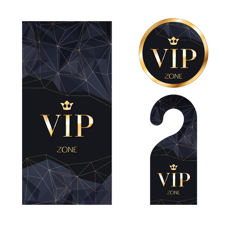 VIP zone members premium invitation card, warning hanger and round label badge. Black and golden design template set. Faceted mosaic texture.のイラスト素材