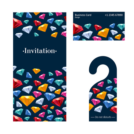 VIP premium invitation card, warning hanger and business card Colorful jewels gemstones design template set.のイラスト素材