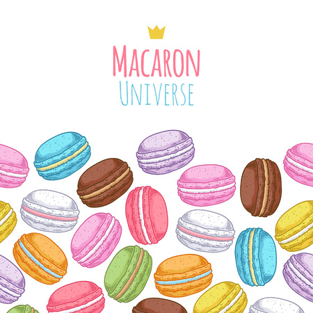 Seamless assorted macarons horizontal pattern. Macaroon background with words - Macaron Universe.のイラスト素材