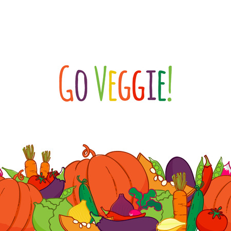 Vegetables seamless horizontal background. Colorful vegetarian lifestyle illustration. Sketch style.のイラスト素材