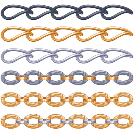 Assorted golden silver and black metal chains set on white.のイラスト素材