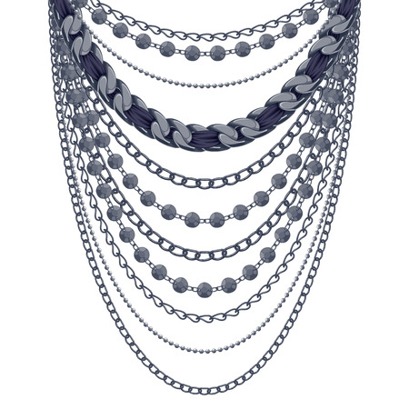 Many chains black metallic necklace. Personal fashion accessory design.のイラスト素材