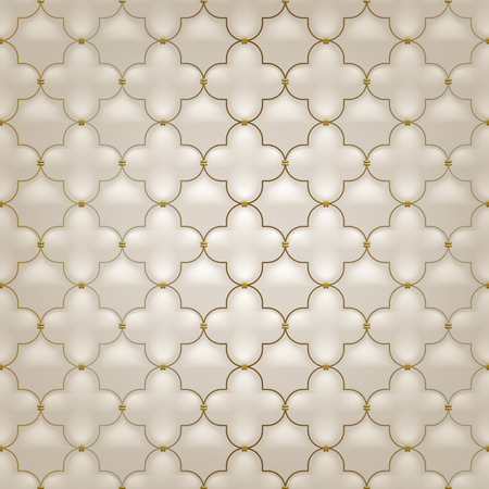 Quilted simple arabesque seamless pattern. Beige color. Golden metalling stitching on textile.のイラスト素材