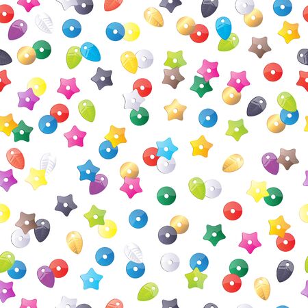 Colorful sequins pattern.  Round, star and leaf forms decorations  background. Vector illustration.のイラスト素材