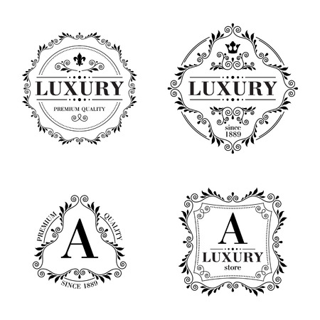 Luxury icon template glamour calligraphic monogram ornament labels set. Good for restaurant royalty boutique hotel heraldic jewelry fashion.のイラスト素材