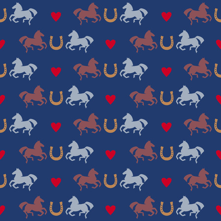 Racing horses, hearts and horseshoes seamless pattern.のイラスト素材