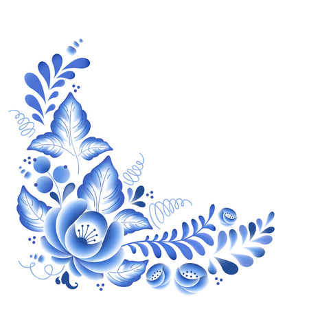 Blue flowers floral russian porcelain beautiful folk ornament. Vector illustration. Corner composition decor.のイラスト素材