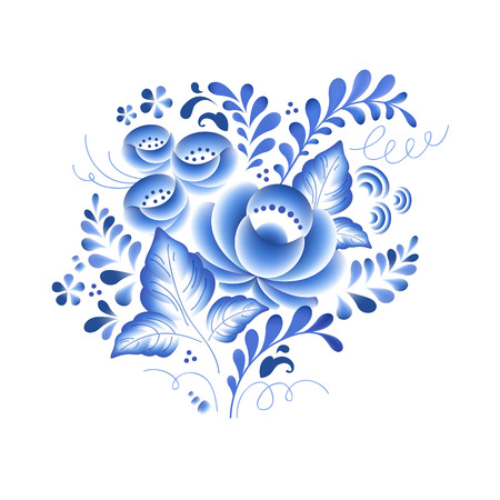 Blue flowers floral russian porcelain beautiful folk ornament. Vector illustration. Decorative composition.のイラスト素材