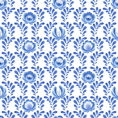 Blue flowers floral russian porcelain beautiful folk ornament. Vector illustration. Seamless pattern background.のイラスト素材