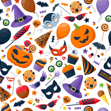 Halloween party colorful seamless pattern vector illustration. Magic hat sweets masks balloon pumpkin rocket flag glasses, background for holiday design.のイラスト素材