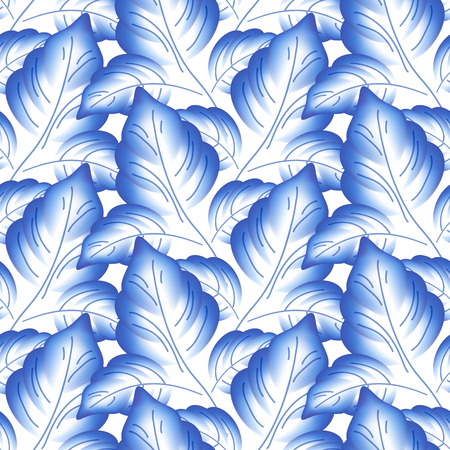 Blue leaves floral russian porcelain beautiful folk ornament. Vector illustration. Seamless pattern background.のイラスト素材