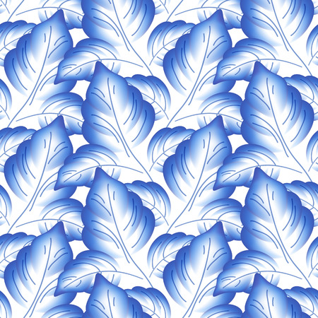 Blue leaves floral russian porcelain beautiful folk ornament. Vector illustration. Seamless pattern background.