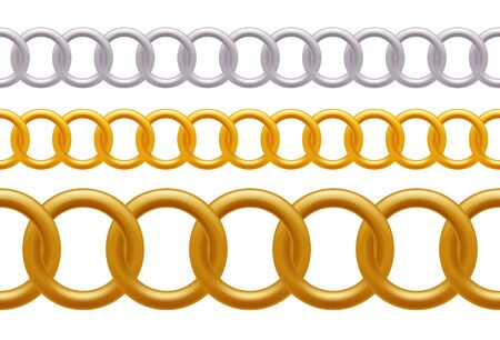 Golden and silver metal chains set on white.のイラスト素材