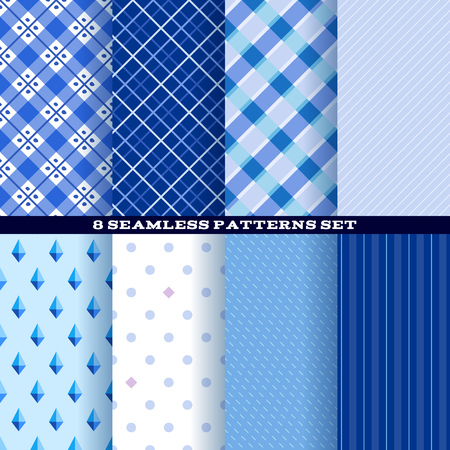 Blue abstract seamless patterns set. Diagonal and vertical lines, checkered, dotted and rhombuses backgrounds.のイラスト素材