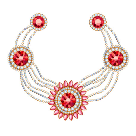 Golden round pendants necklace with jewelry ruby gemstones on diamond chains. Precious necklace. Ethnic indian style brooche.のイラスト素材