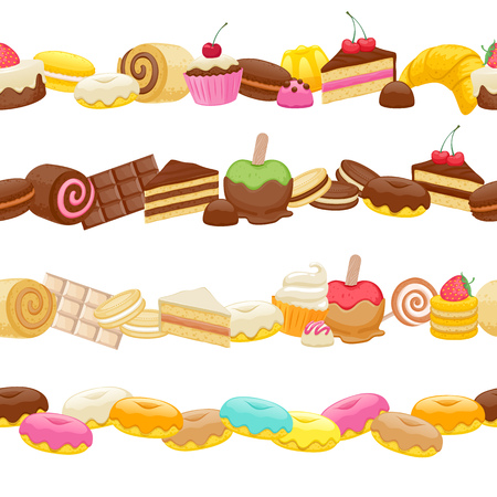 Set of sweet food seamless horizontal borders. Candy chocolate sweets lollipop cake donut macaroon cookie jelly.のイラスト素材