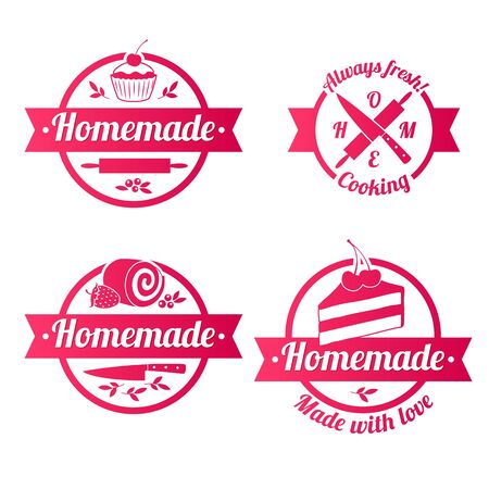 Homemade sweets red labels badges with ribbons set. Cupcake knife roll plunger vector illustration.のイラスト素材