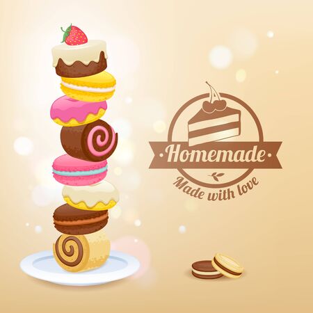 Stack of sweets on plate vector illustration. Candy sweets Donut macaroon cookie jelly roll cookies - homemade sweets.のイラスト素材
