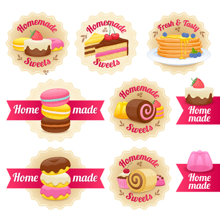 Homemade sweets labels badges with ribbons set. Candy sweets lollipop cake donut macaroon cookie jelly vector illustration.のイラスト素材
