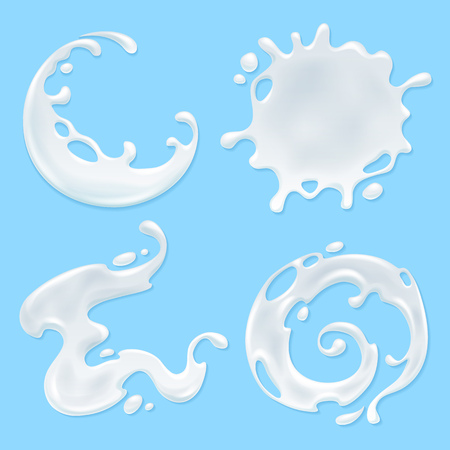 Milk, yogurt or cream blots set. White smudges splashes drops on blue background. Spiral round and abstract curves forms.のイラスト素材