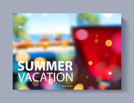 Cover design vector illustration - travel theme. Brochure flayer poster booklet magazine concept. Blurry wine glass cafe restaurant at the seaside illustration. Summer vacation.のイラスト素材