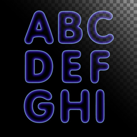 Blue x-ray neon light glowing letters with transparency set. Abc alphabet text symbols vector illustration.のイラスト素材