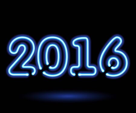 Blue neon light glowing 2016 happy new year symbol. Calendar design typography vector illustration.のイラスト素材
