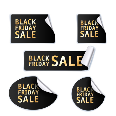 Black friday sale labels set vector illustration.  Golden foil and torned paper stickers. Advertising design.のイラスト素材