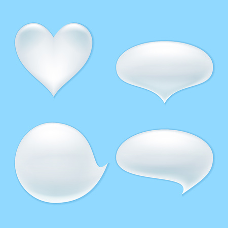 Milk, yogurt or cream blots set. White smudges splashes drops on blue background. Heart and round abstract curves forms.のイラスト素材