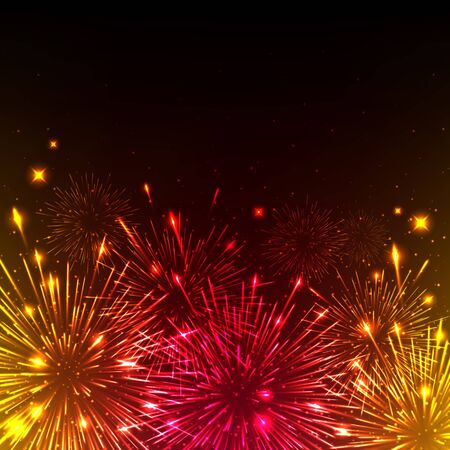 Colorful shiny realistic fireworks background. Vector illustration. Celebration holiday design.のイラスト素材
