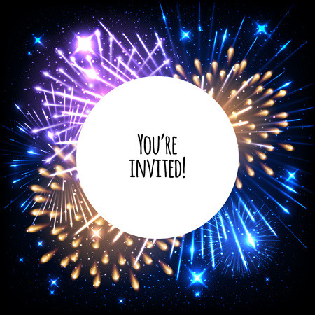 Universal invitation card template design with fireworks and round frame background - wedding, birthday, party, celebration, carnival.のイラスト素材