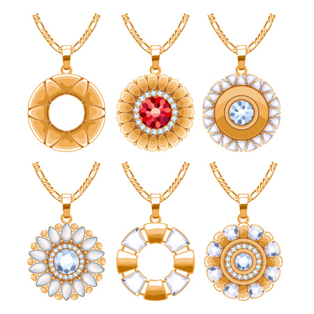 Elegant rubies and diamonds gemstones vector jewelry round pendants for necklace or bracelet set. Good for jewelry gift design.のイラスト素材