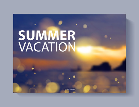 Cover design vector illustration - travel theme. Brochure, flayer, poster, booklet, magazine concept. Nature lanscape with sea sunset sky view with golden lights. Summer vacation.のイラスト素材