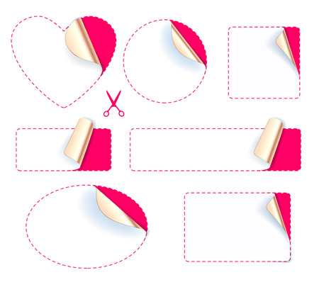 Set of blank stickers - golden foil reverse side. Peeled off paper labels. Heart, circle, square, oval with dotted line and scissors icon.のイラスト素材