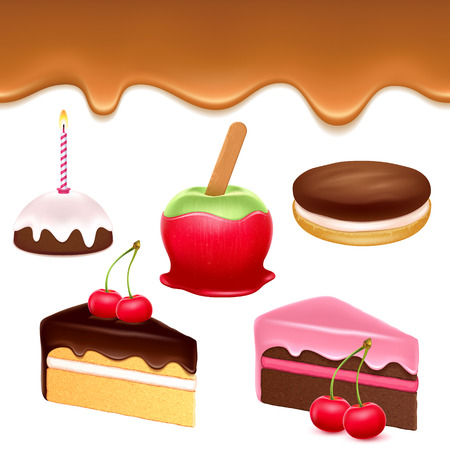 Colorful sweets icons set - caramel drip border apple cakes chocolate cookie vector illustration.のイラスト素材